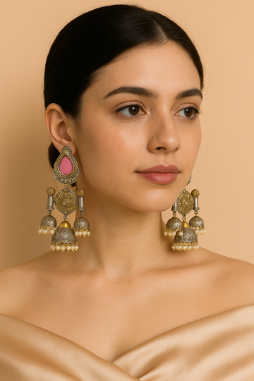 Ratnashree-Light Weight Heavy-Look Jhumka Collection | Premium range from House of Mrigaya by Nandini | for Festive Occasions & Traditional Look -Pink
