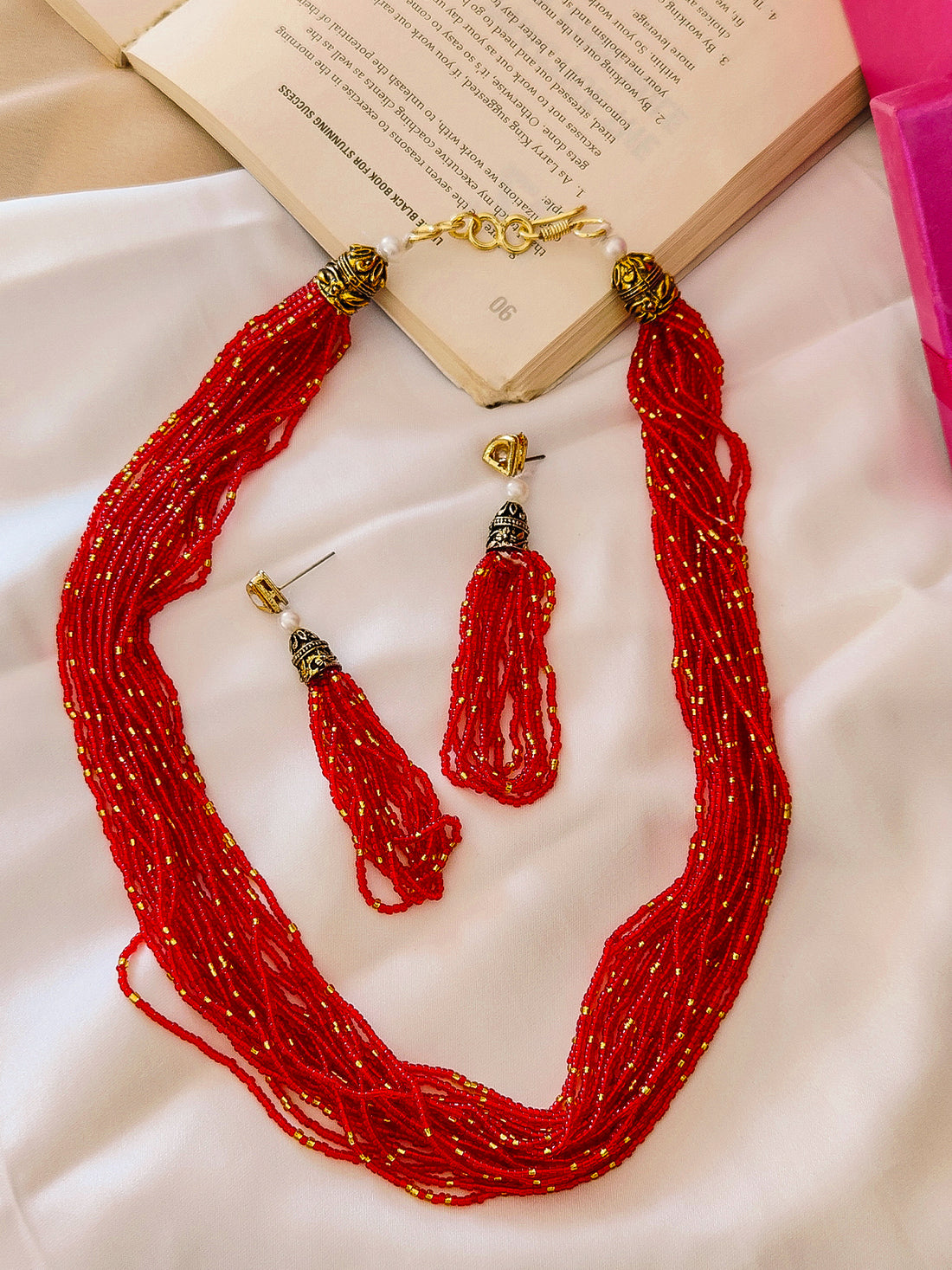 Moti Jhalar Necklace Set | Red-colour Beads Necklace & Earrings for Parties & Office Going Women from House of Mrigaya by Nandini-Red - Mrigaya India