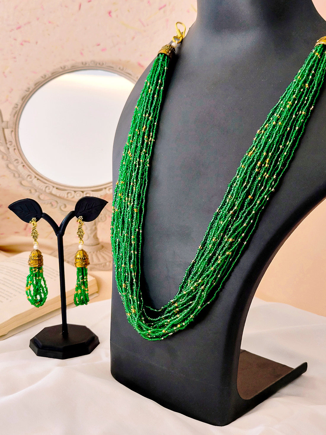 Moti Jhalar Necklace Set | Green-colour Beads Necklace & Earrings for Parties & Office Going Women from House of Mrigaya by Nandini – Green - Mrigaya India