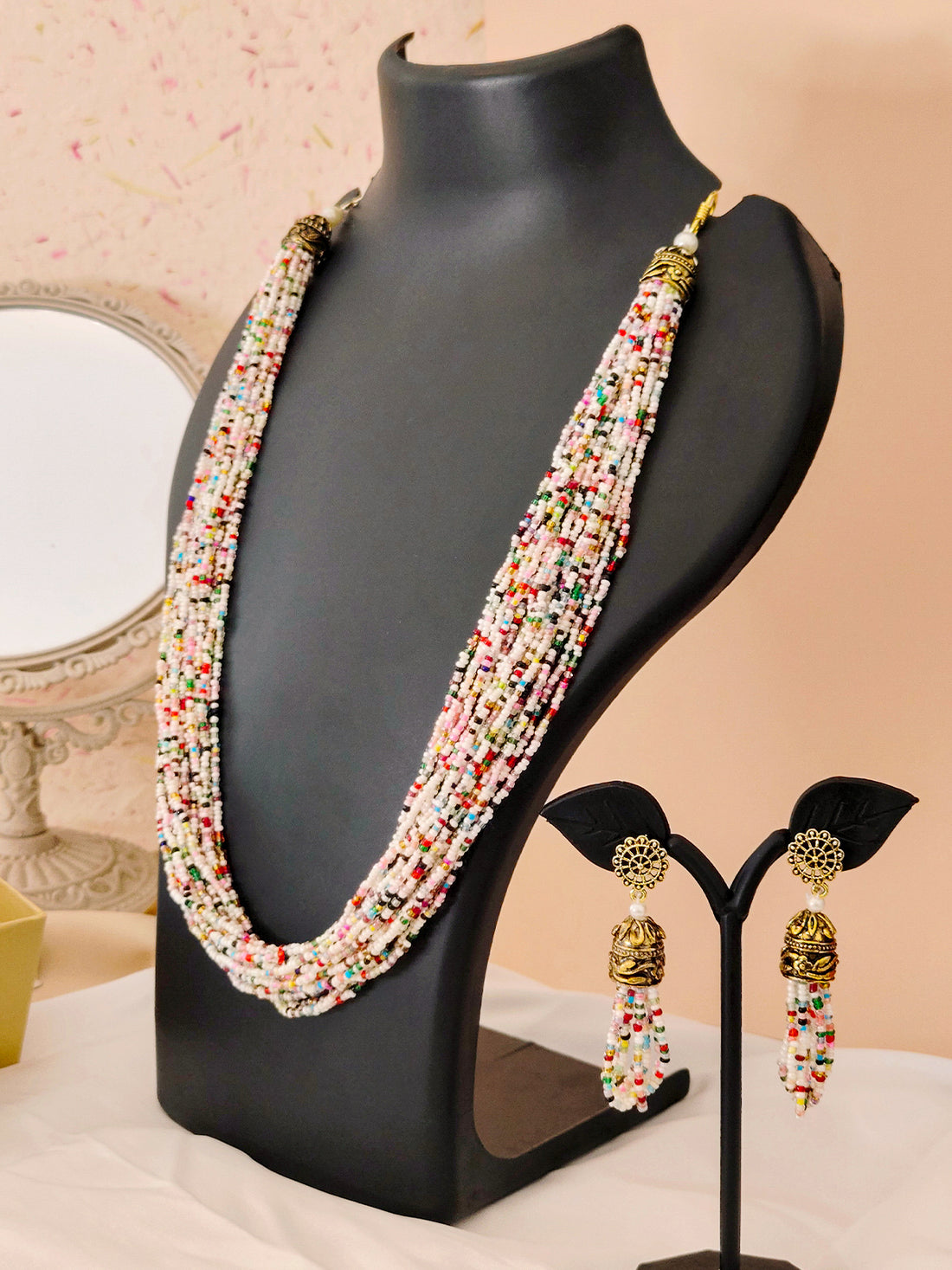 Moti Jhalar Necklace Set | Multi-colour Beads Necklace & Earrings for Parties & Office Going Women from House of Mrigaya by Nandini – Multi - Mrigaya India