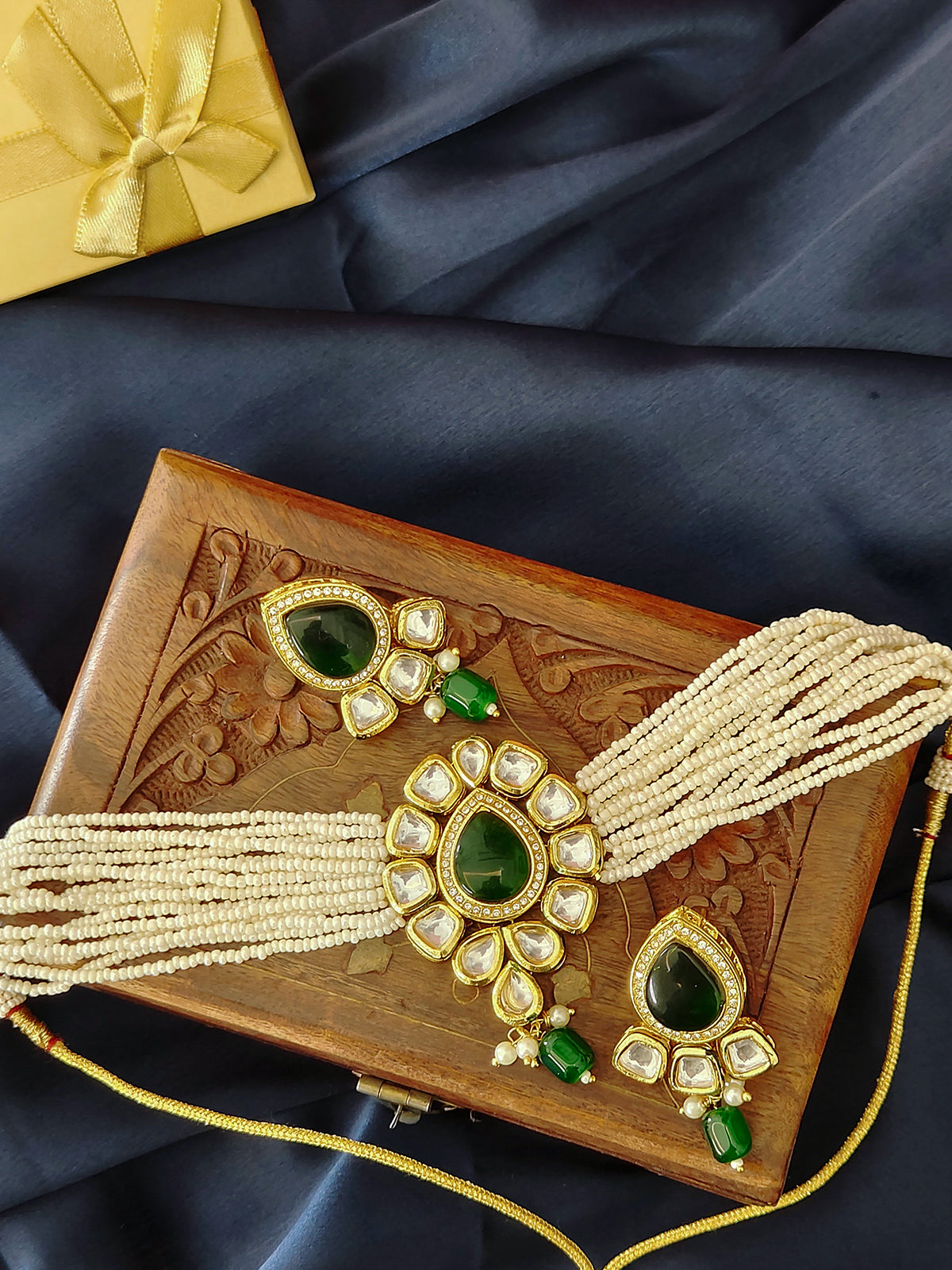 Kundankaari Stone Studded Necklace Set | Chokar Set for Traditional and Festive gifting from the house of Mrigaya by Nandini - Bottle Green - Mrigaya India