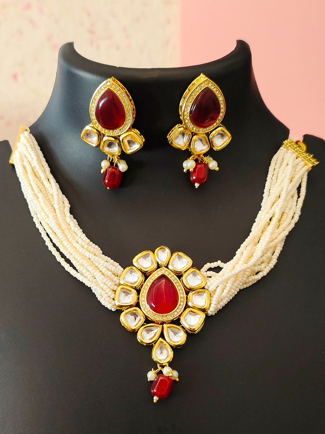 Kundankaari Stone Studded Necklace Set | Chokar Set for Traditional and Festive gifting from the house of Mrigaya by Nandini - Red - Mrigaya India