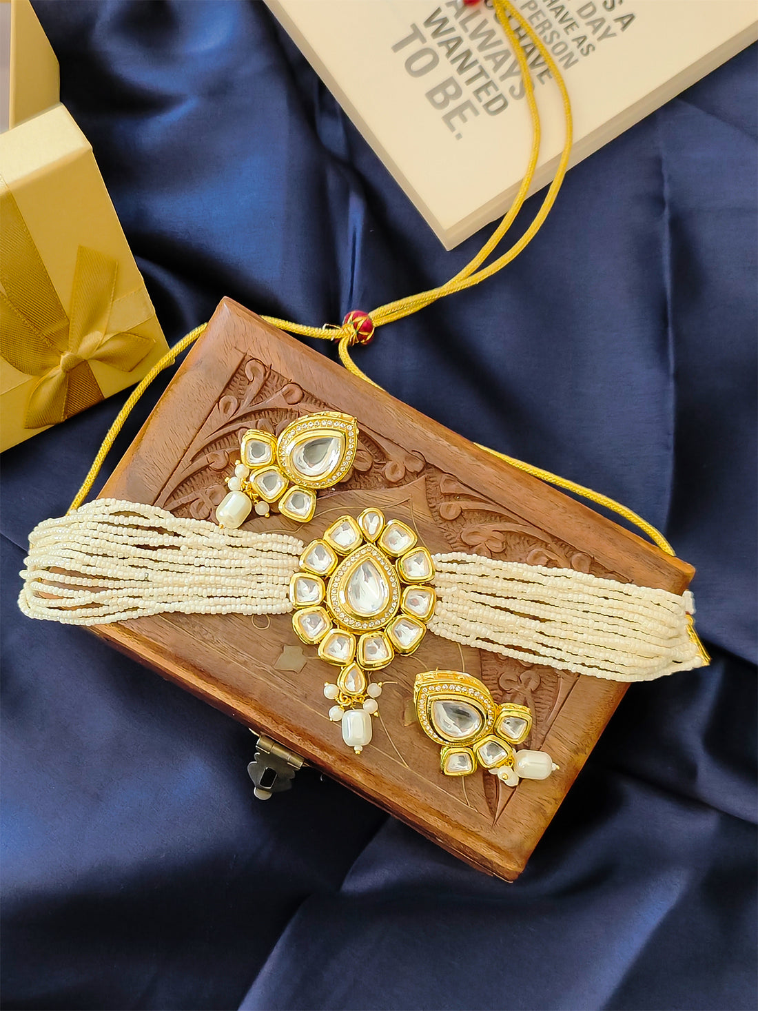 Kundankaari Stone Studded Necklace Set | Chokar Set for Traditional and Festive gifting from the house of Mrigaya by Nandini -White - Mrigaya India