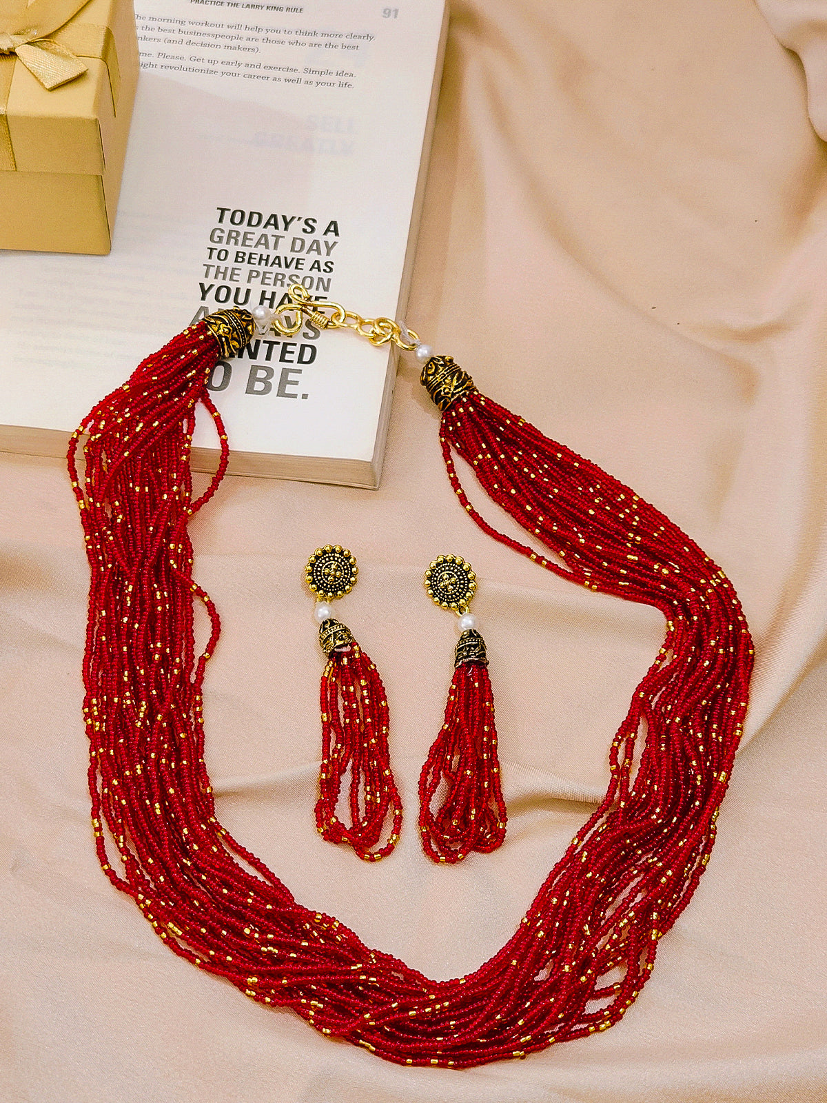 Moti Jhalar Necklace Set | Maroon-colour Beads Necklace & Earrings for Parties & Office Going Women from House of Mrigaya by Nandini - Maroon - Mrigaya India