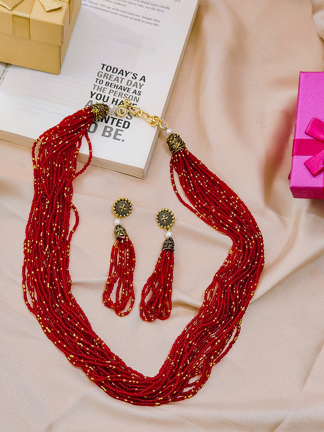 Moti Jhalar Necklace Set | Maroon-colour Beads Necklace & Earrings for Parties & Office Going Women from House of Mrigaya by Nandini - Maroon - Mrigaya India