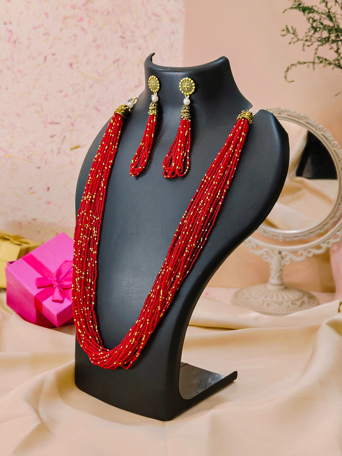 Moti Jhalar Necklace Set Maroon-colour Beads Necklace Earrings for