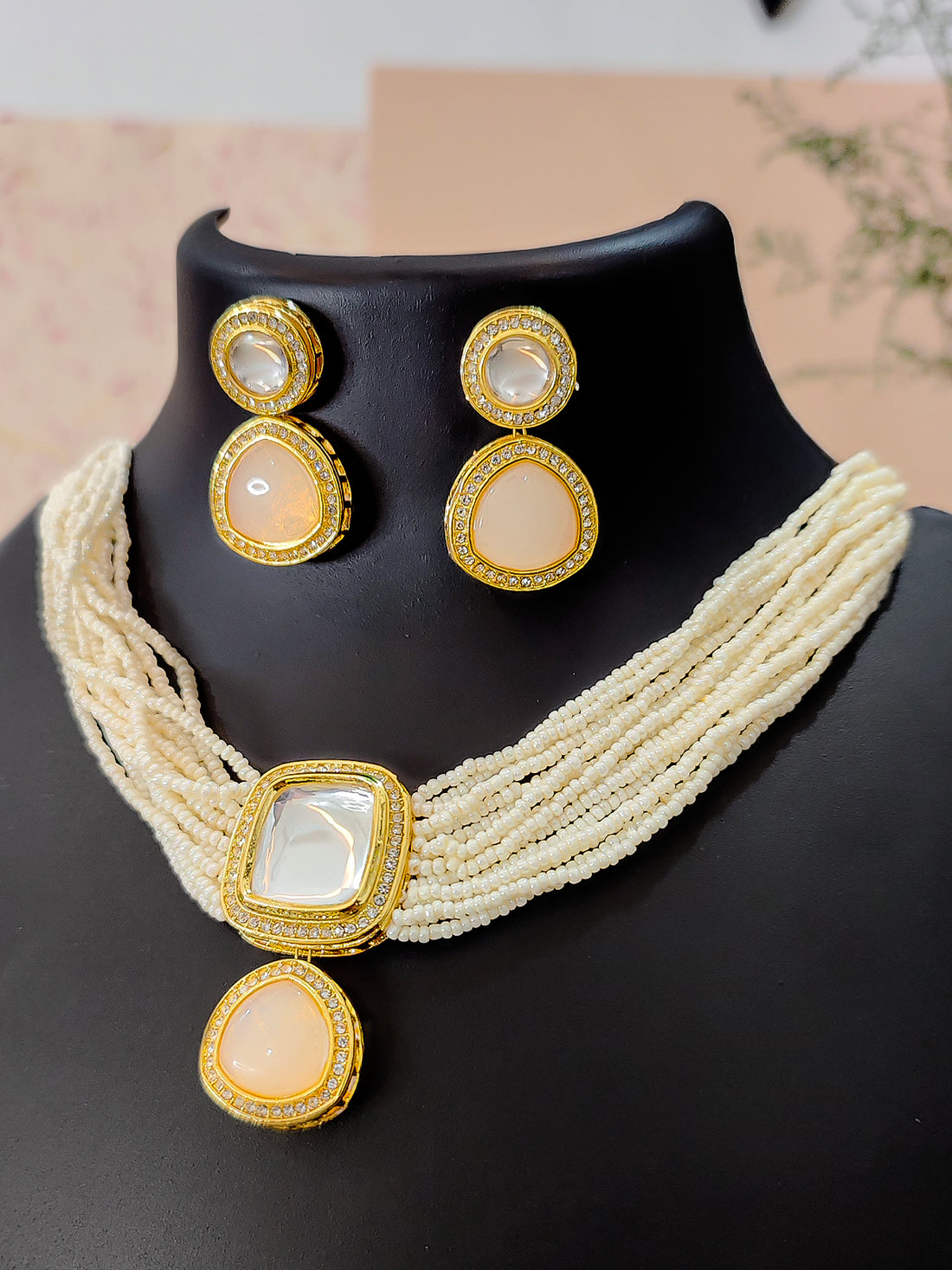 Apaarth Polki Necklace Set | Choker Neckless Set | Off-White Artificial Pearls Band | Best for Weddings, Festivals & Gifting from the house of Mrigaya by Nandini- Gold Finish with Beige Stone - Mrigaya India