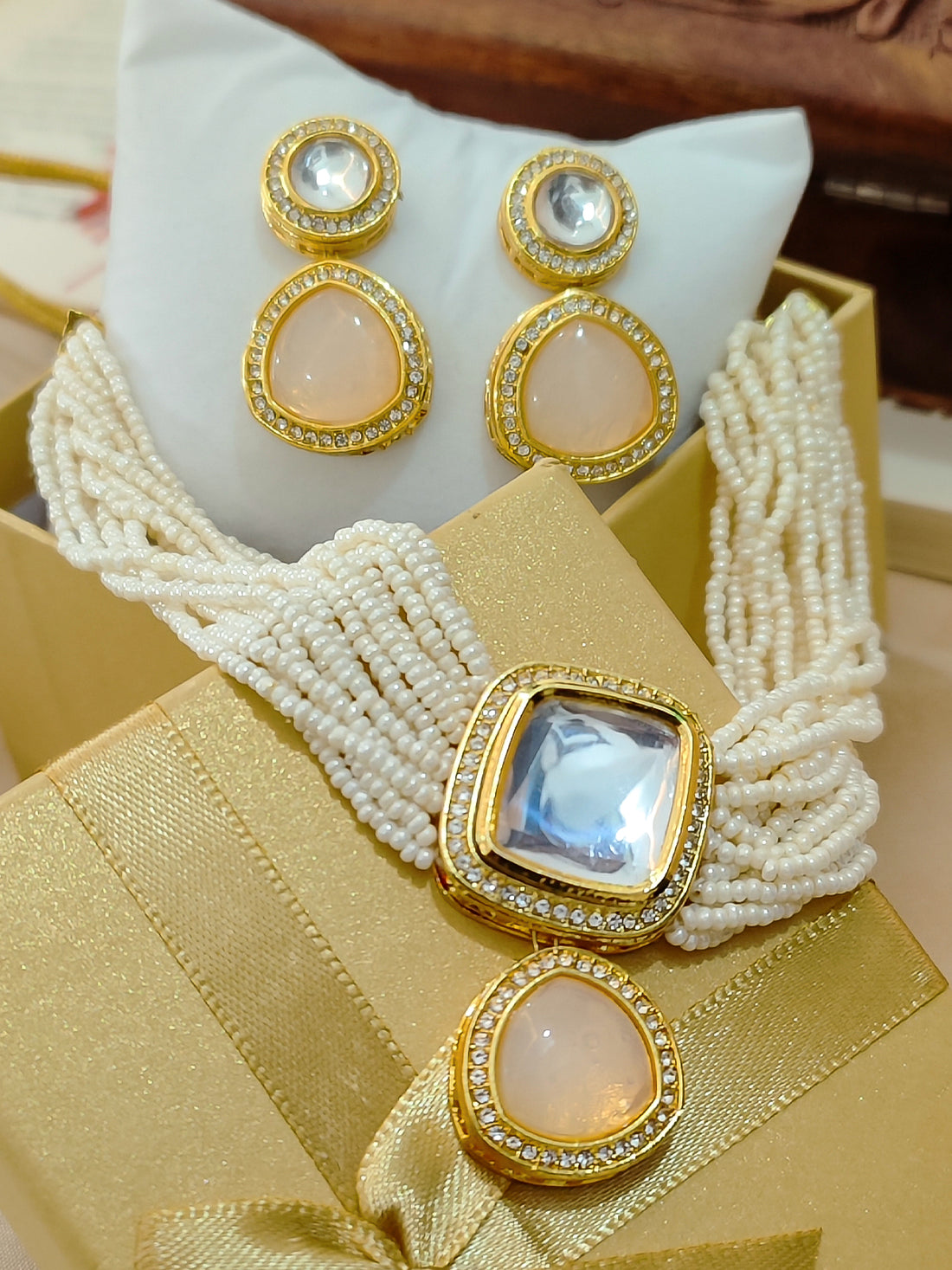 Apaarth Polki Necklace Set | Choker Neckless Set | Off-White Artificial Pearls Band | Best for Weddings, Festivals & Gifting from the house of Mrigaya by Nandini- Gold Finish with Beige Stone - Mrigaya India