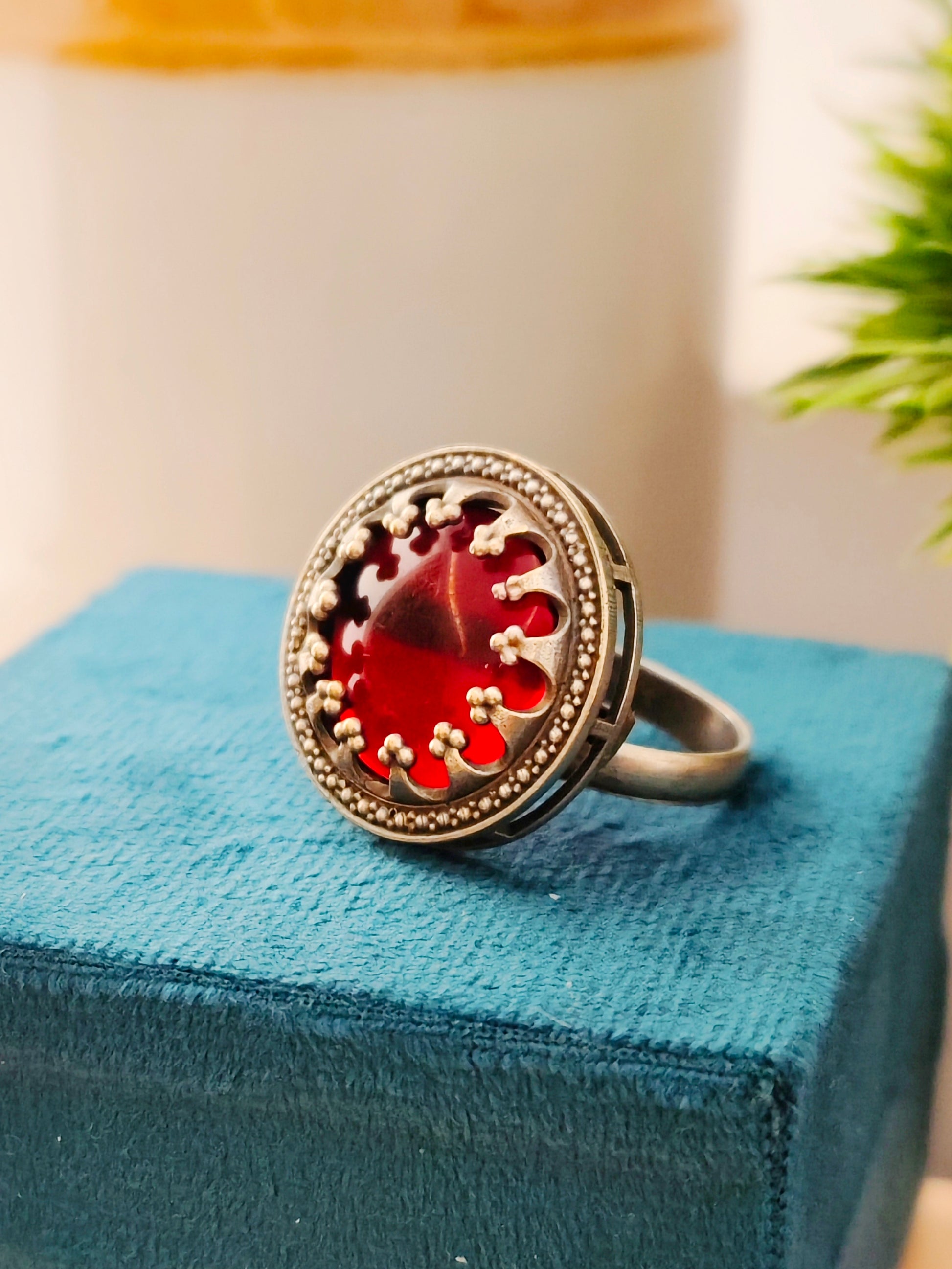 Aganya Multi Color Adjustable Rings with Antique Finish and Big Stone | Festive Occasions | for Traditional Look | for Office Indian Look- Red - Mrigaya India