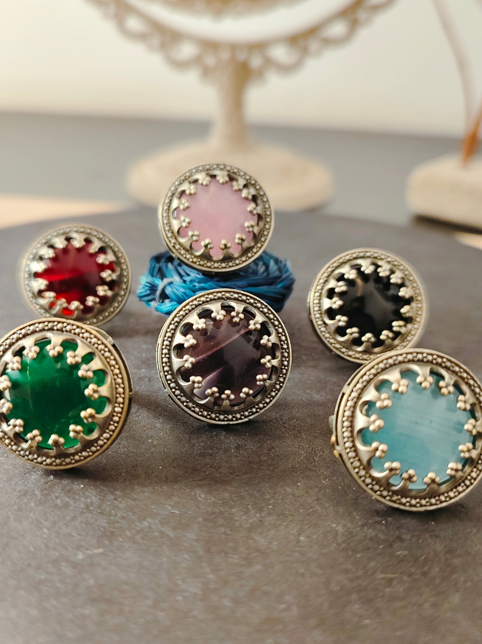 Aganya Multi Color Adjustable Rings with Antique Finish and Big Stone | Festive Occasions | for Traditional Look | for Office Indian Look- Green - Mrigaya India