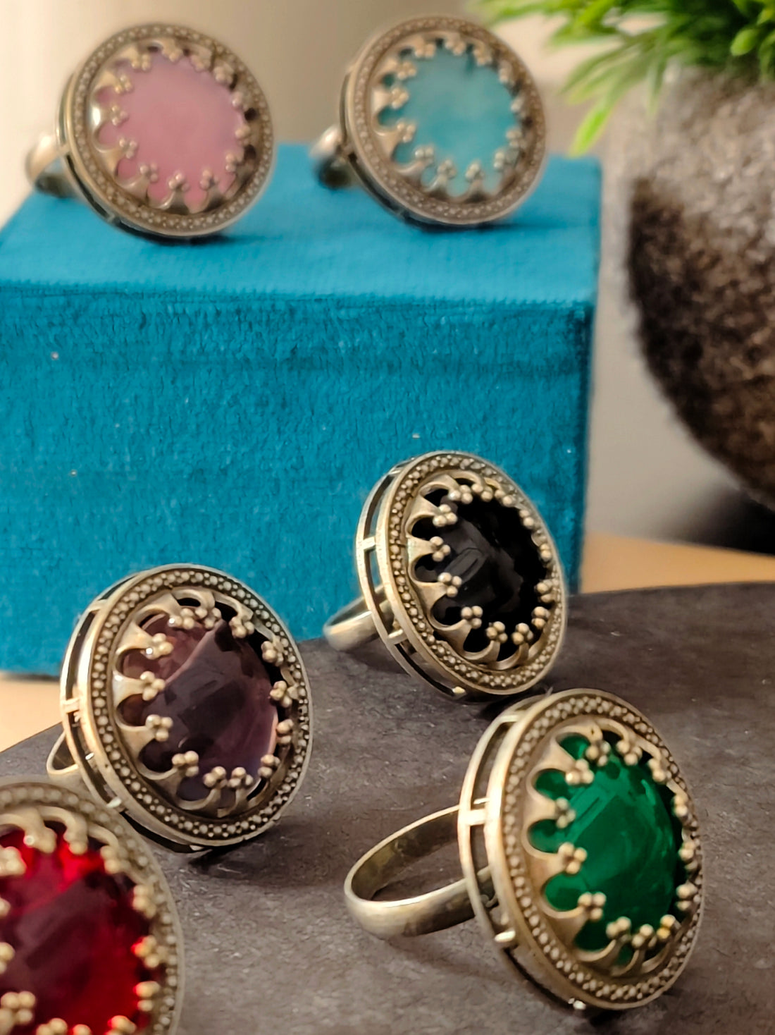 Aganya Multi Color Adjustable Rings with Antique Finish and Big Stone | Festive Occasions | for Traditional Look | for Office Indian Look - Mrigaya India