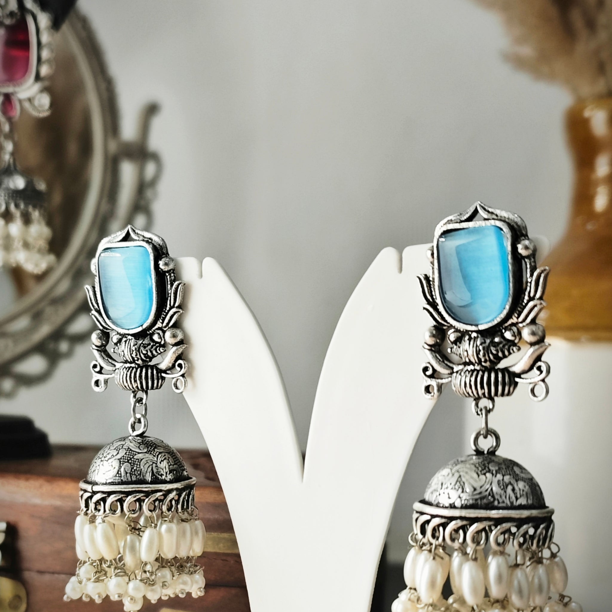 Badhao Jhumka Collection | Premium range from House of Mrigaya by Nandini | for Festive Occasions & Traditional Look- Light Blue - Mrigaya India