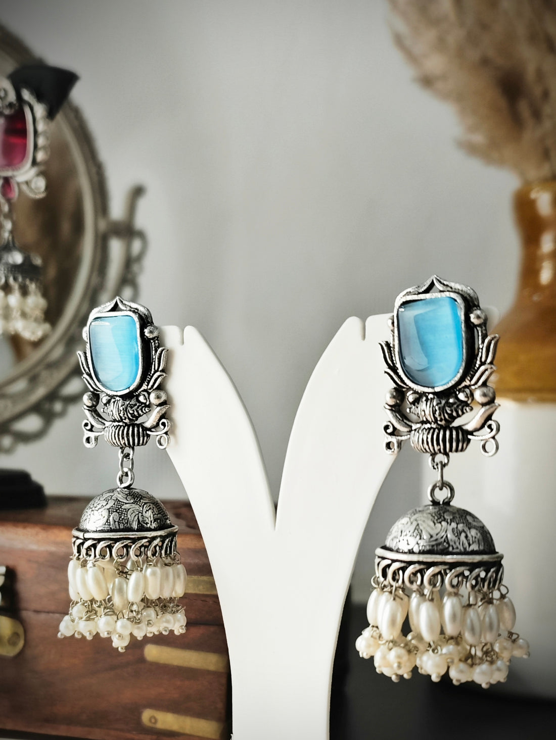 Badhao Jhumka Collection | Premium range from House of Mrigaya by Nandini | for Festive Occasions & Traditional Look- Light Blue - Mrigaya India