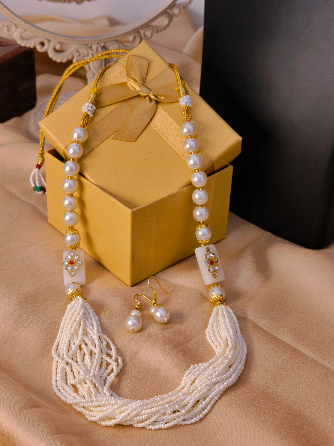 Moti Mala Necklace Set for Weddings, Festivals & Gifting from the house of Mrigaya by Nandini- White Beads Necklace - Mrigaya India