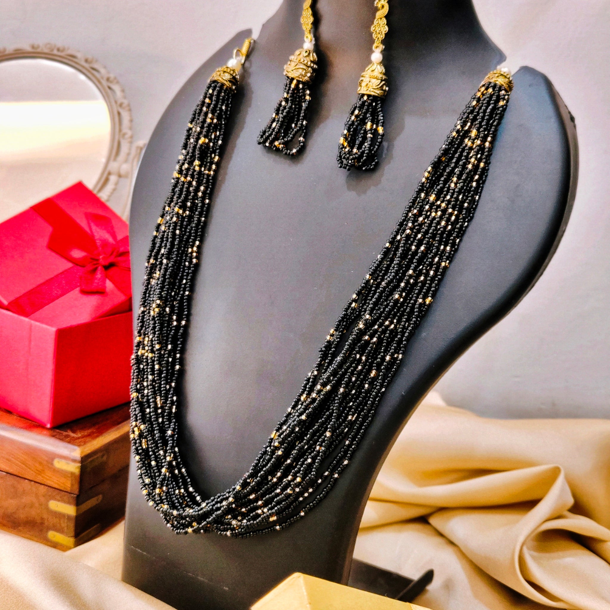 Moti Jhalar Necklace Set | Maroon-colour Beads Necklace & Earrings for Parties & Office Going Women from House of Mrigaya by Nandini-Black - Mrigaya India