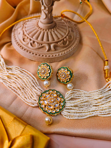 Moti Haari Chokar Necklace Set from house of Mrigaya by Nandini for Traditional and Festive Indian Look | for Gifting - Green & Clear - Mrigaya India