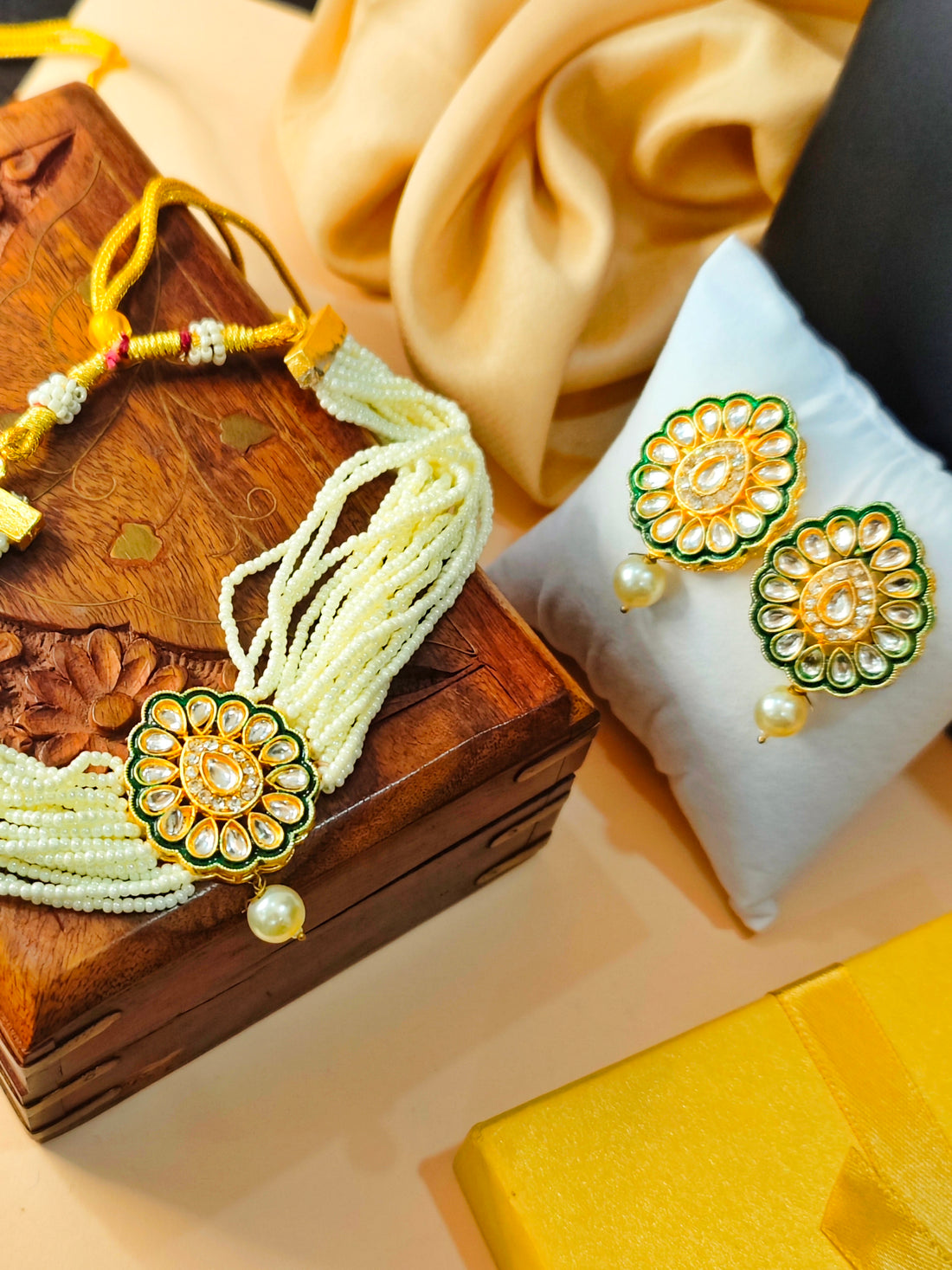 Moti Haari Chokar Necklace Set from house of Mrigaya by Nandini  for Traditional and Festive Indian Look | for Gifting - Green & Clear - Mrigaya India