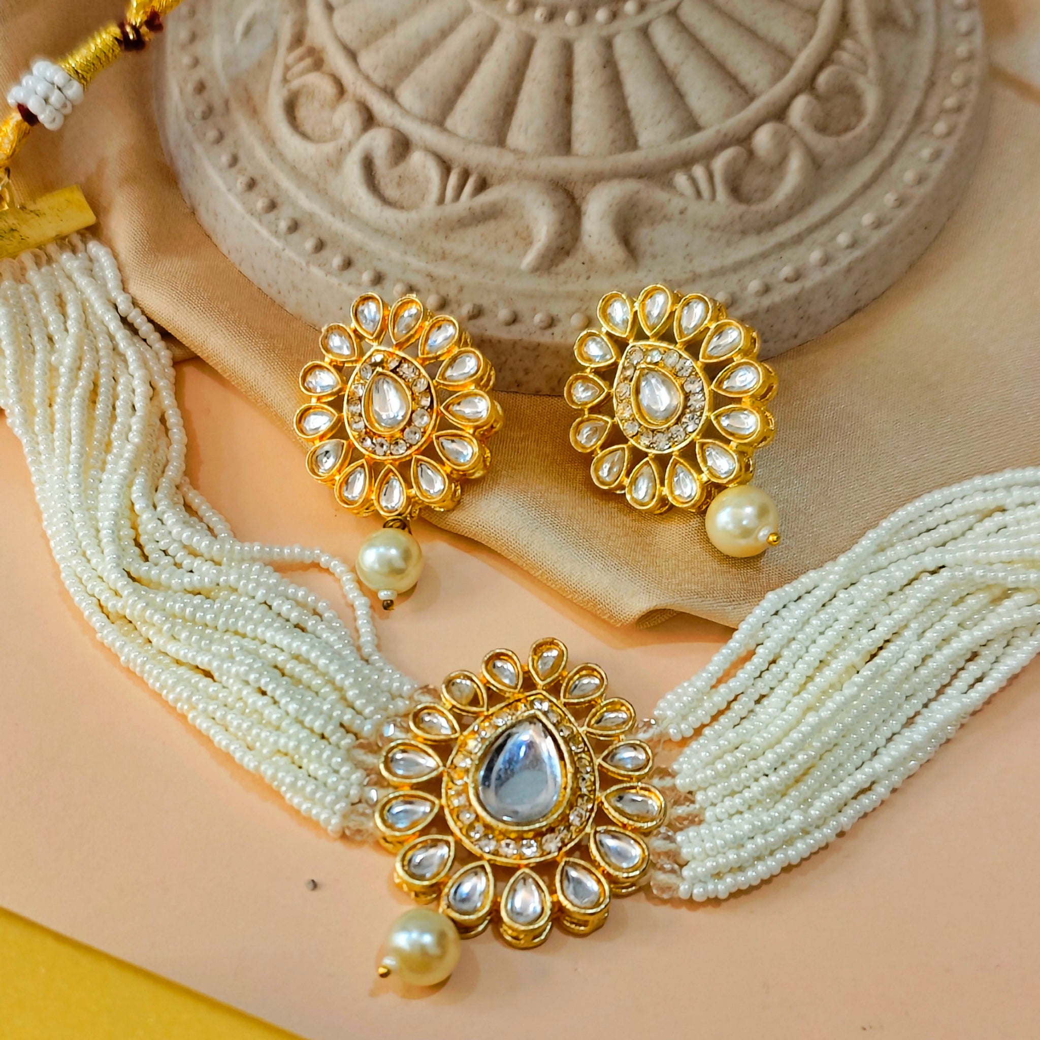 Moti Haari Chokar Necklace Set from house of Mrigaya by Nandini for Traditional and Festive Indian Look | for Gifting- Gold & Clear - Mrigaya India
