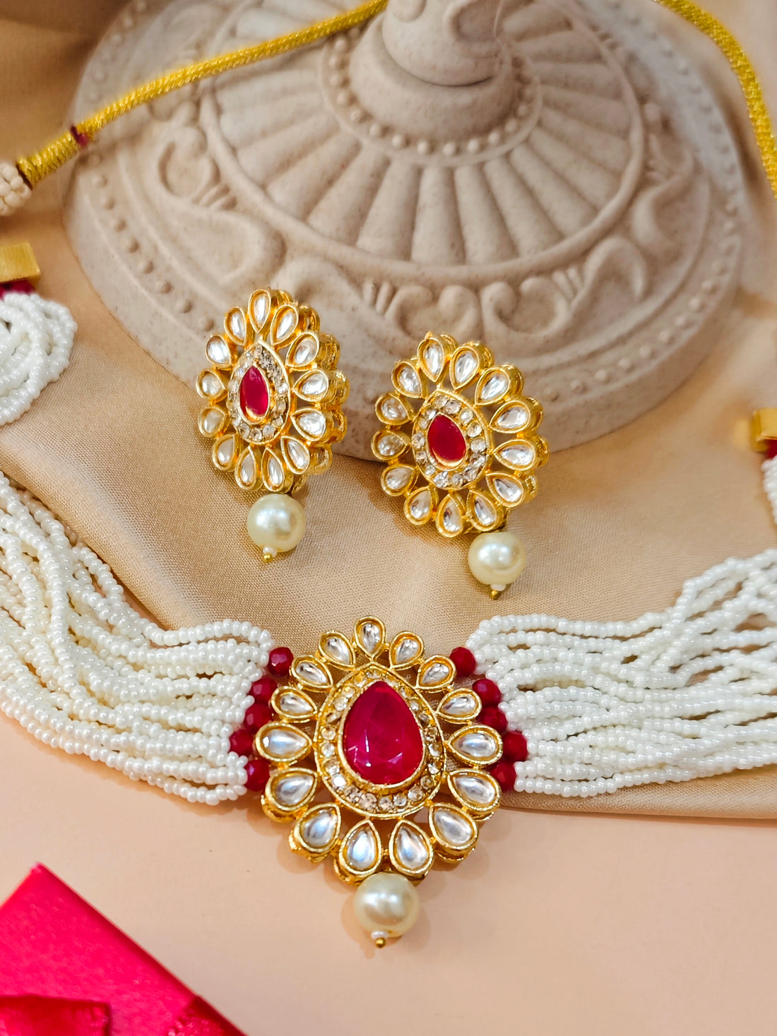 Moti Haari Chokar Necklace Set from house of Mrigaya by Nandini for Traditional and Festive Indian Look | for Gifting- Gold & Red - Mrigaya India