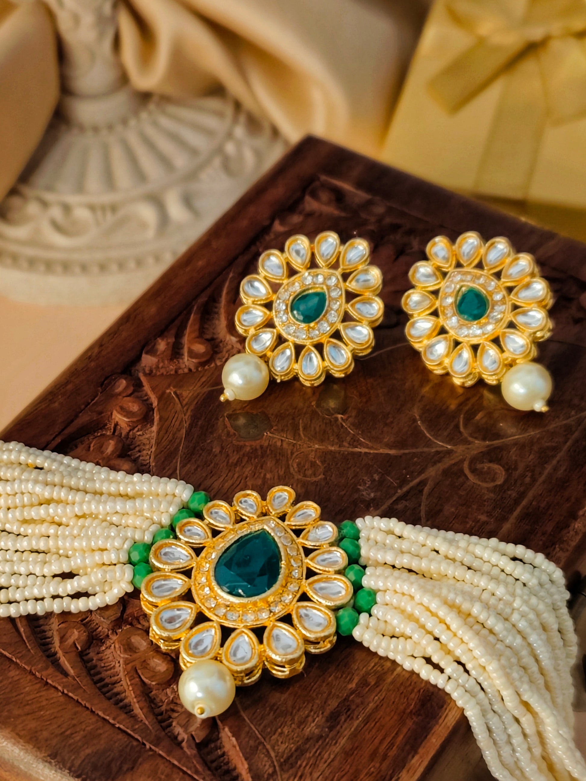 Moti Haari Chokar Necklace Set from house of Mrigaya by Nandini for Traditional and Festive Indian Look | for Gifting - Clear & Green - Mrigaya India