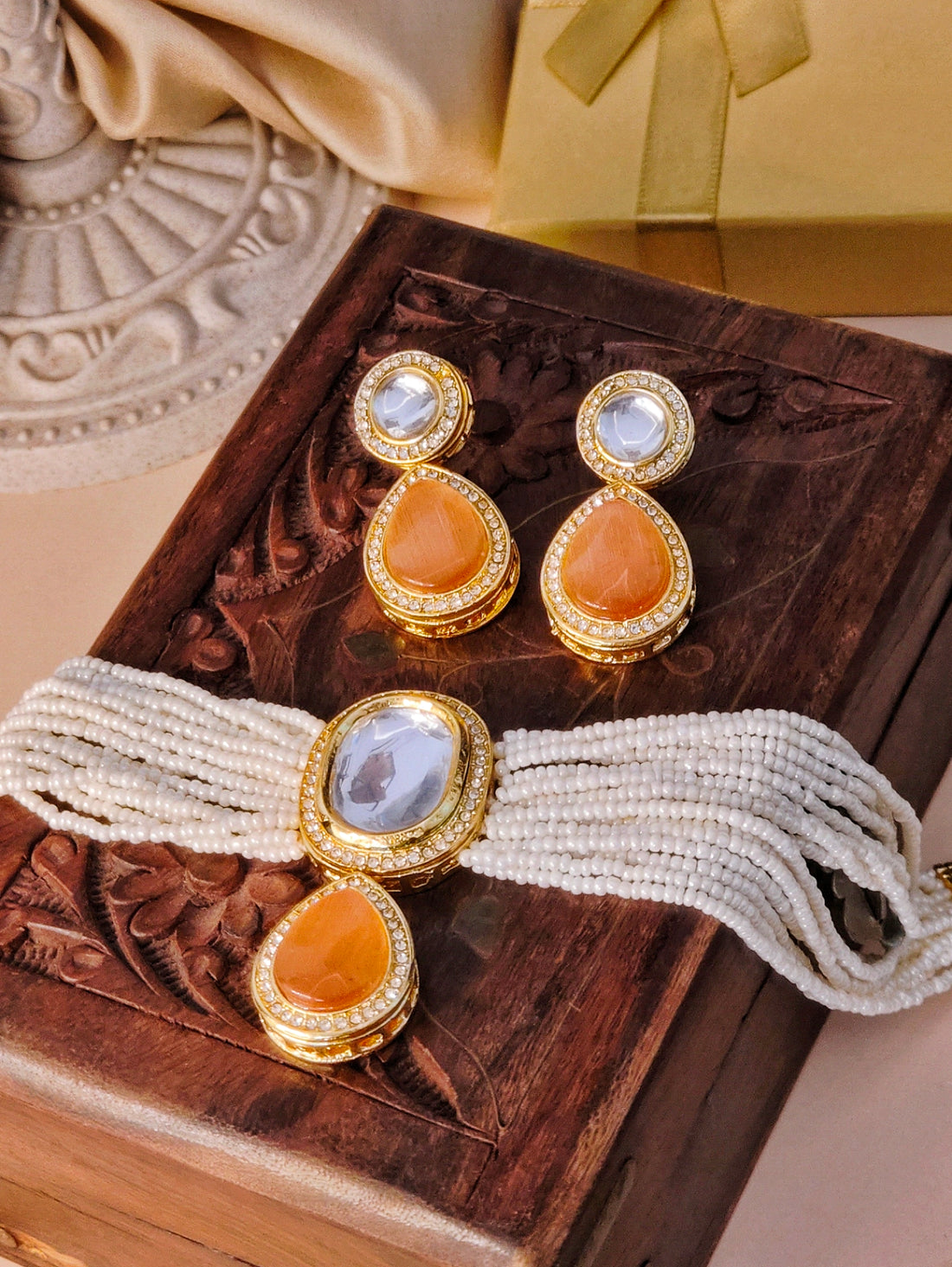 Apaarth Necklace Chockar Set from House of Mrigaya by Nandini for Traditional and Festive Indian Look | for Gifting | for wedding  - Tangerine - Mrigaya India