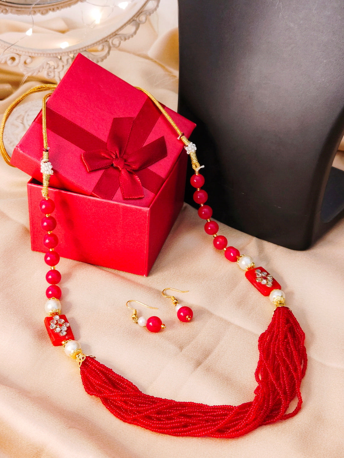 Moti Mala Necklace Set for Weddings, Festivals & Gifting from the house of Mrigaya by Nandini- Red Beads Necklace - Mrigaya India