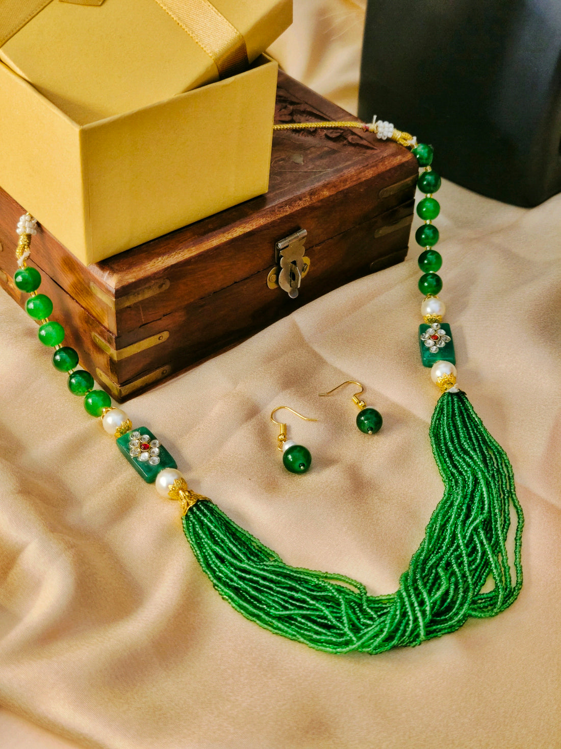Moti Mala Necklace Set for Weddings, Festivals & Gifting from the house of Mrigaya by Nandini- Green Beads Necklace - Mrigaya India