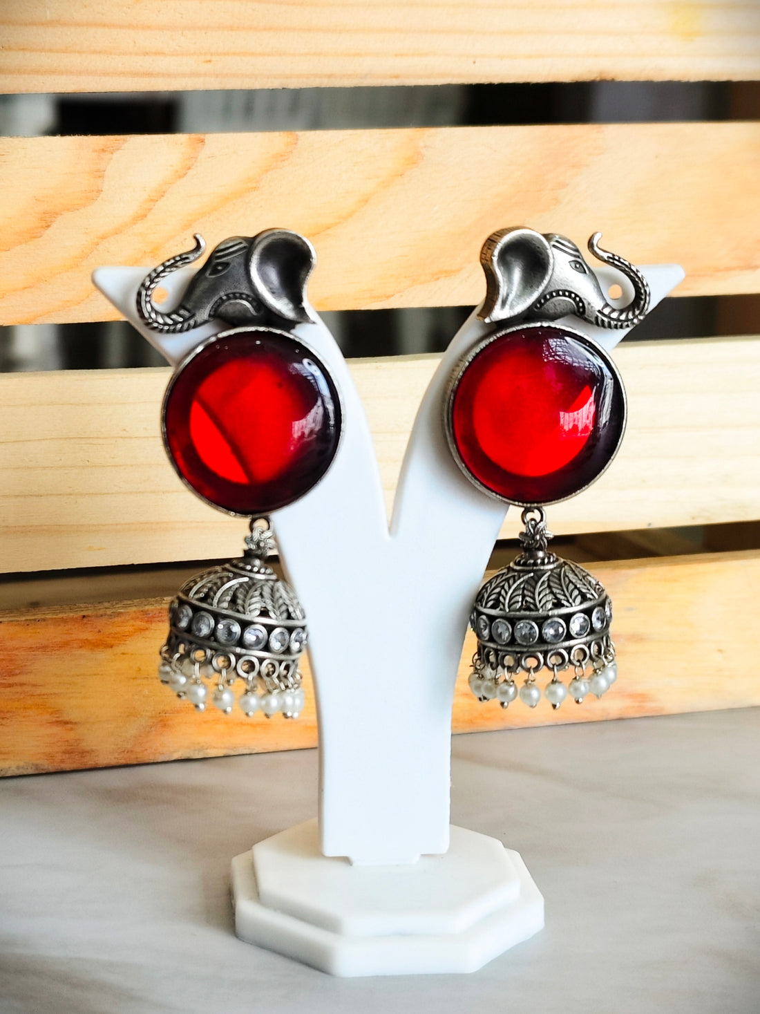 Gajanan Antique Silver Look Jhumka from Mrigaya by Nandini for Festive Occasions | India Look - Red - Mrigaya India