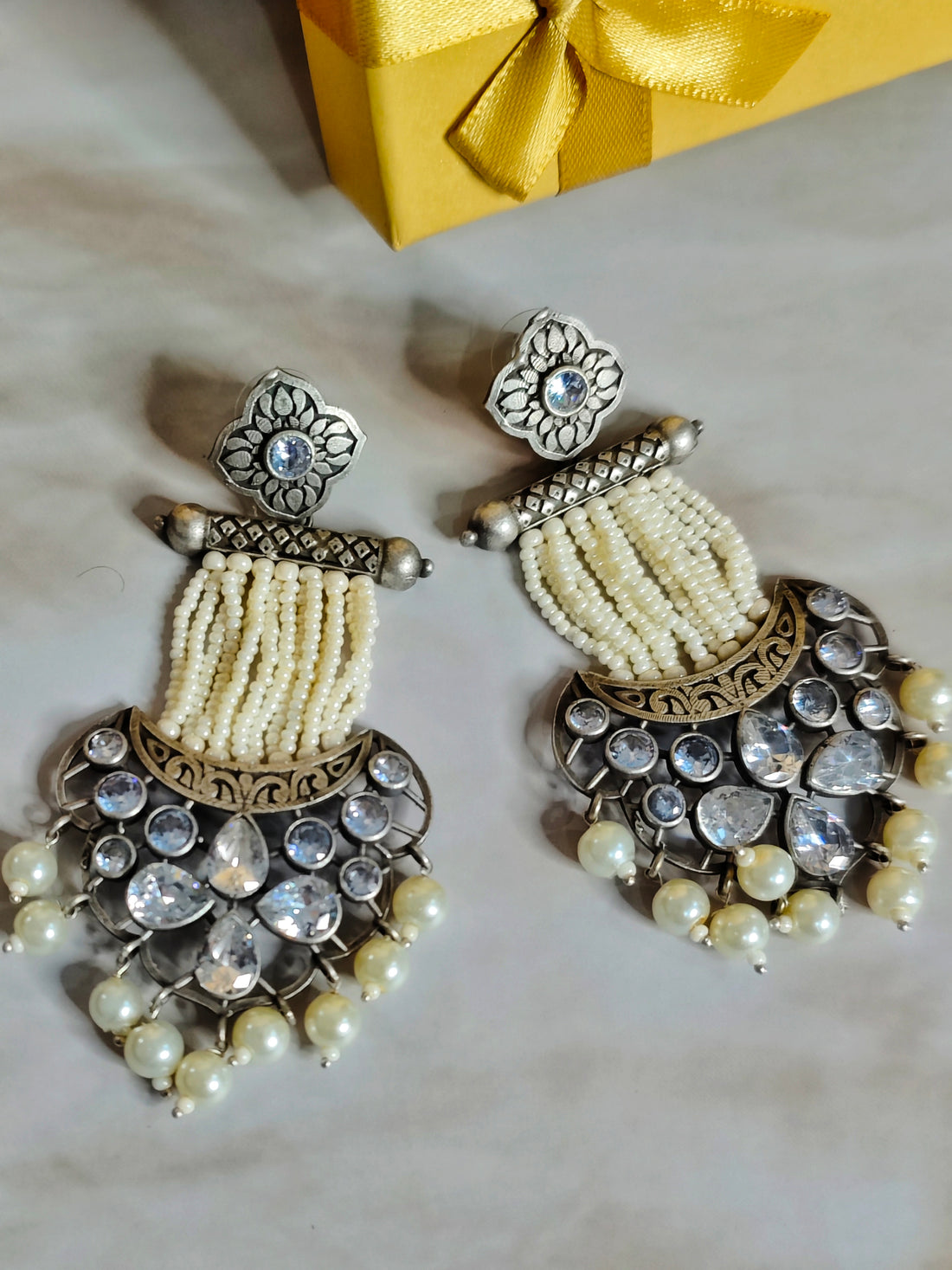 Sandarbh Pemium Jhumka from Mrigaya by Nandini is a traditional earring set for Festive Occasions & Traditional Look- Clear - Mrigaya India