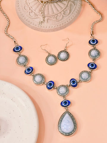 Gauhar Metallic Necklace set with Evil Eye Design from Mrigaya by Nandini - White Silver