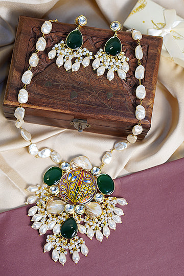 Menakari Green Necklace Set from house of Mrigaya by Nandini for Traditional and Festive Indian Look | for Gifting | Premium & Luxury Jewelery__Green
