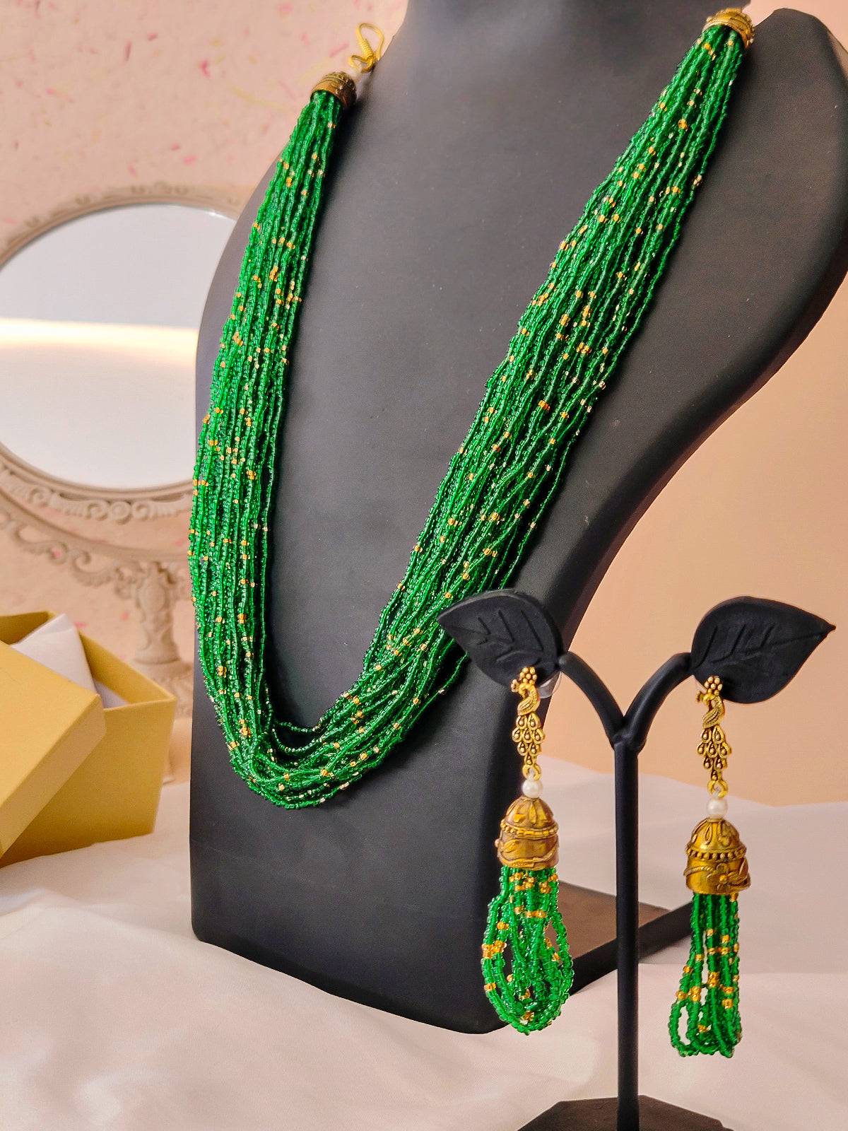 Moti Jhalar Necklace Set | Green-colour Beads Necklace & Earrings for Parties & Office Going Women from House of Mrigaya by Nandini – Green - Mrigaya India