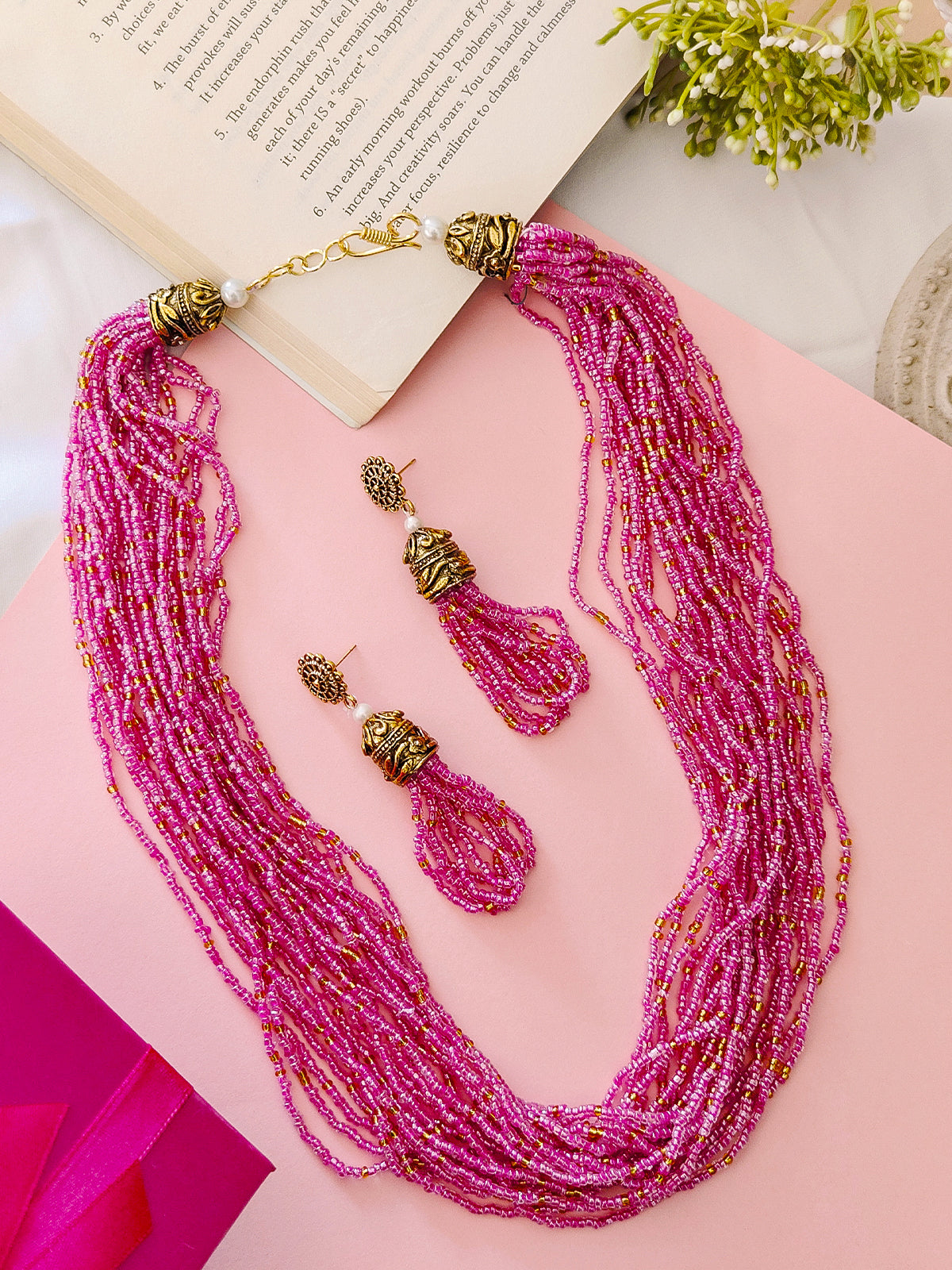 Moti Jhalar Necklace Set Pink-colour Beads Necklace Earrings for Parties Office Going Women from House of Mrigaya by Nandini-Pink