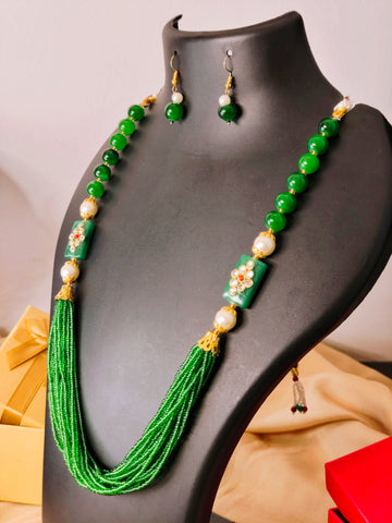 Moti Mala Necklace Set for Weddings, Festivals & Gifting from the house of Mrigaya by Nandini- Green Beads Necklace - Mrigaya India