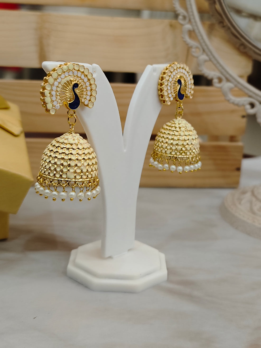 Mayur Gold Look Jhumka from Mrigaya by Nandini for Festive Occasions | India Look -Light Yellow