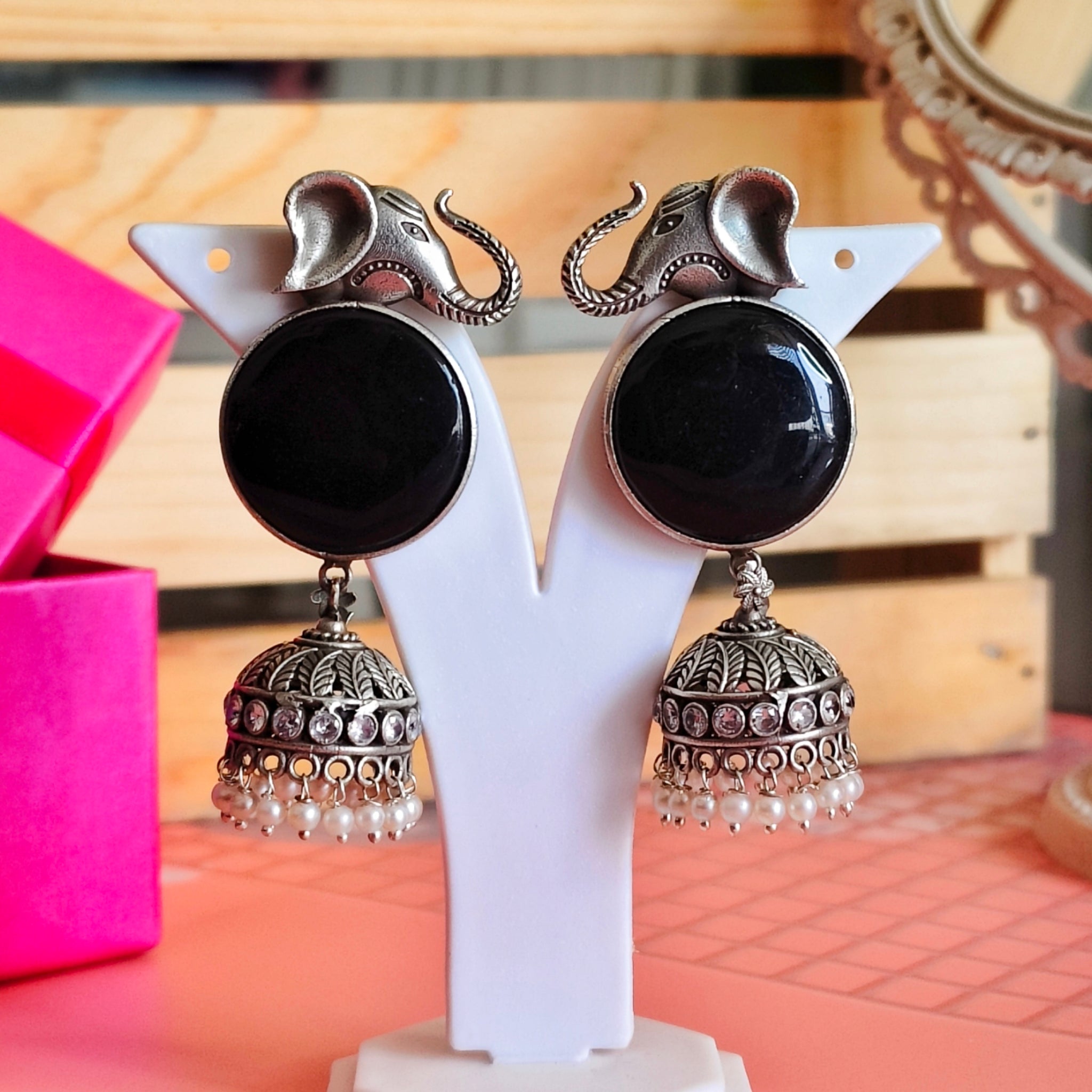 Gajanan Antique Silver Look Jhumka from Mrigaya by Nandini for Festive Occasions | India Look - Black - Mrigaya India