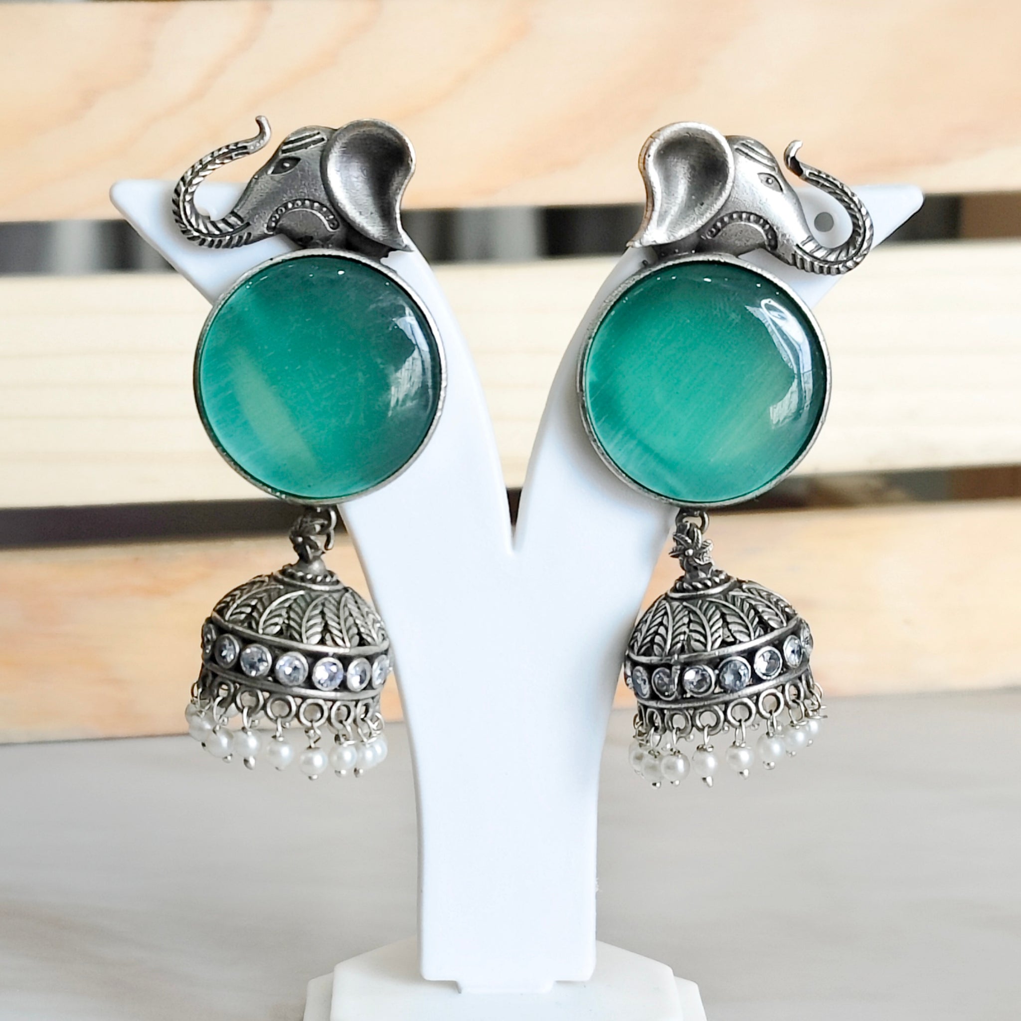 Gajanan Antique Silver Look Jhumka from Mrigaya by Nandini for Festive Occasions | India Look - Green - Mrigaya India