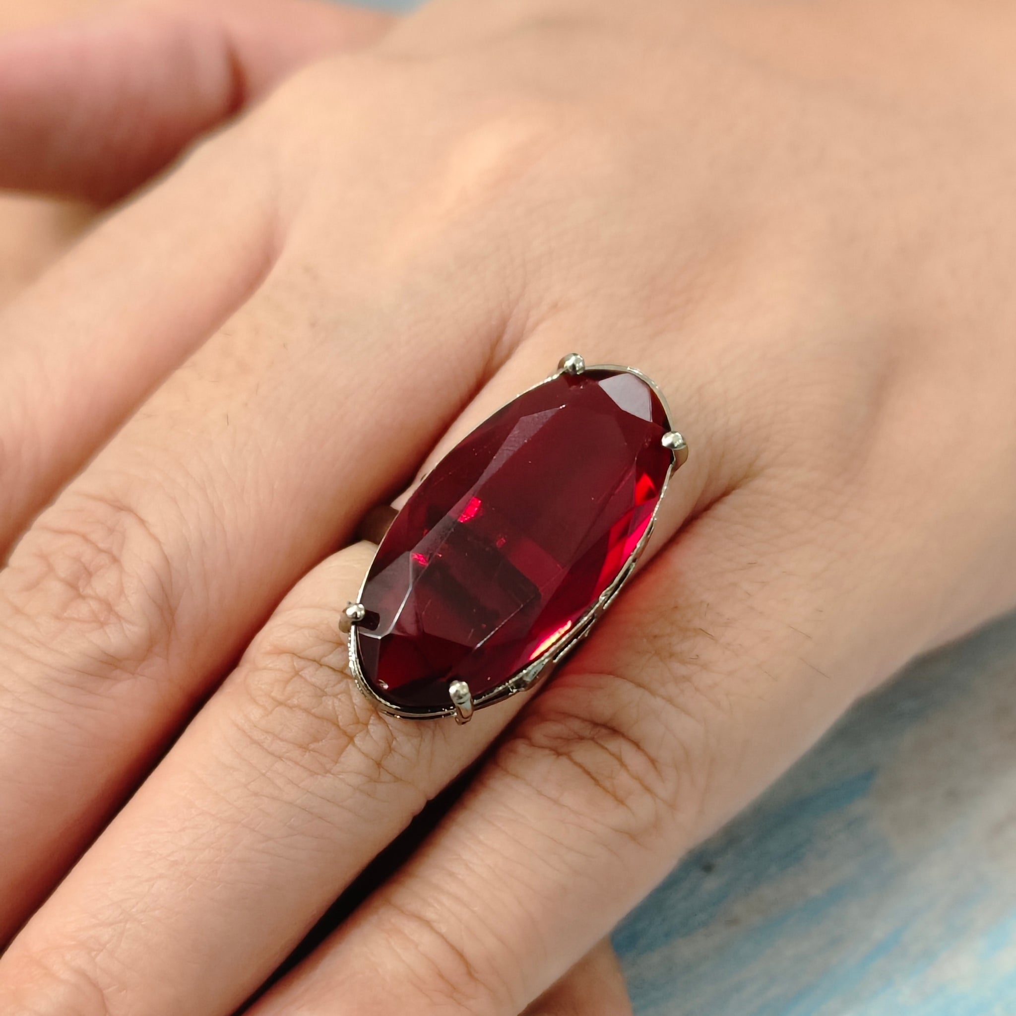 Starlit Oval-Red Colour Statement Rings for festive occasions | for traditional look | for office Indian wear