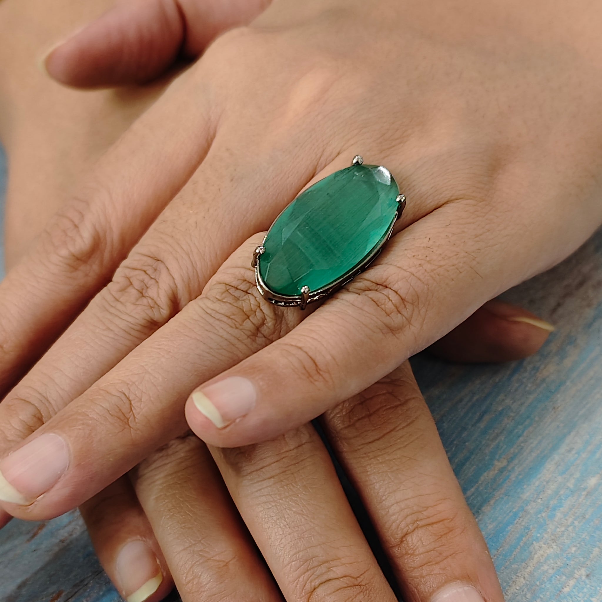 Starlit Oval- Green Colour Statement Rings for festive occasions | for traditional look | for office Indian wear