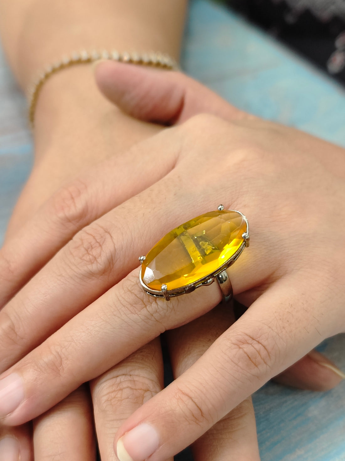 Starlit Oval-Yellow Colour Statement Rings for festive occasions | for traditional look | for office Indian wear