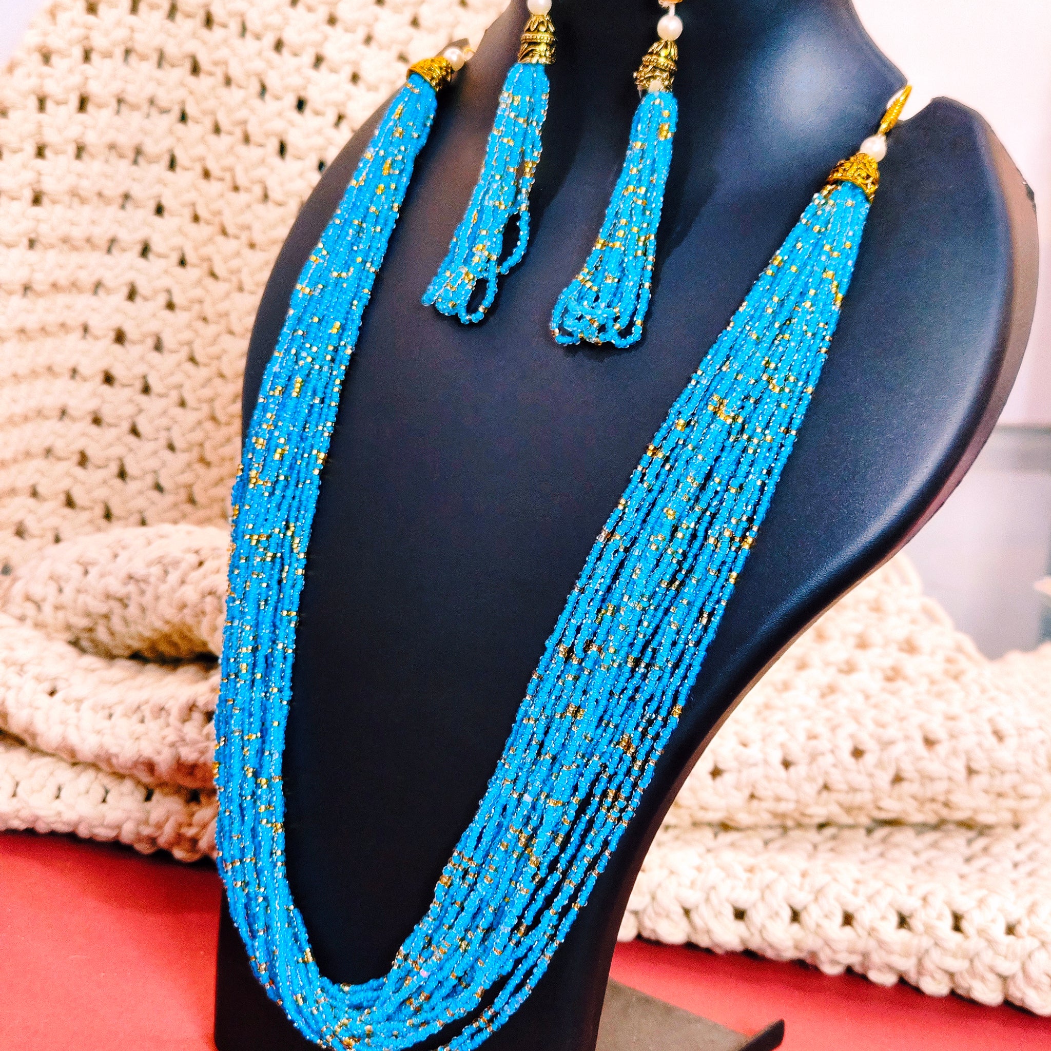 Moti Jhalar Necklace Set | Colored Beads Necklace & Earrings for Parties & Office Going Women from House of Mrigaya by Nandini-Colored