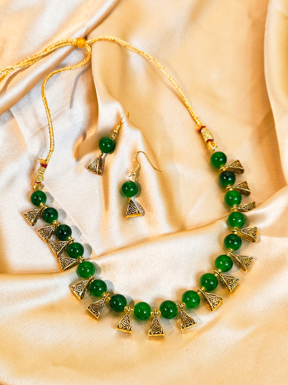 Jhalar Necklace Set | Green-colour Beads Necklace & Earrings for Parties & Office Going Women from House of Mrigaya by Nandini