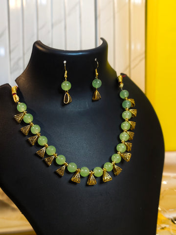 Jhalar Necklace Set | Light Green-colour Beads Necklace & Earrings for Parties & Office Going Women from House of Mrigaya by Nandini