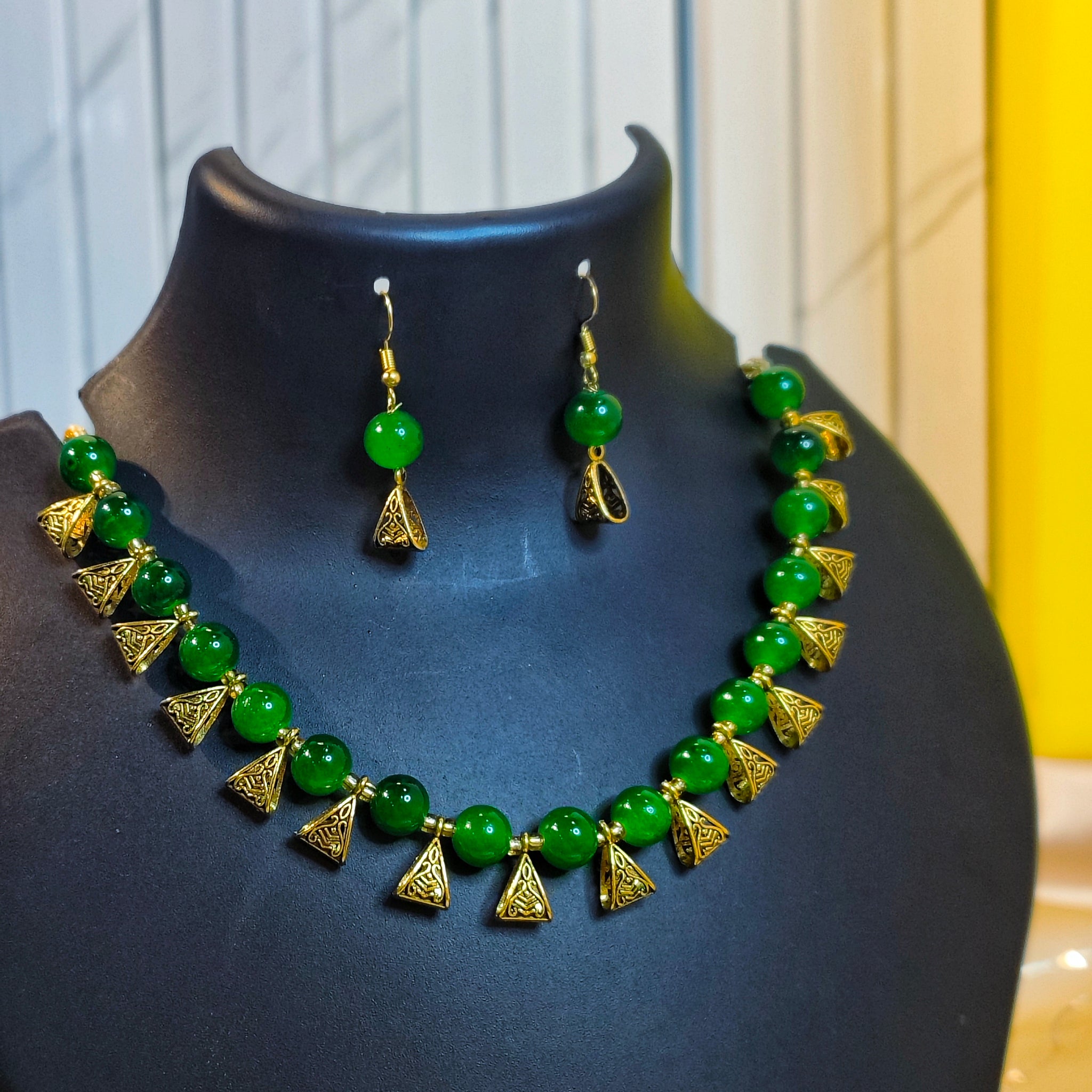 Jhalar Necklace Set | Green-colour Beads Necklace & Earrings for Parties & Office Going Women from House of Mrigaya by Nandini