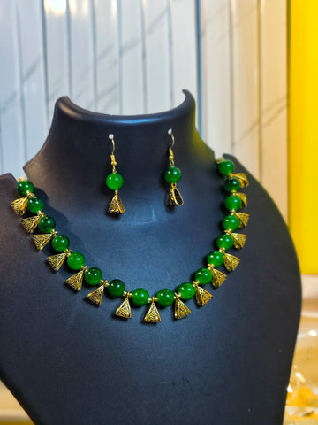 Jhalar Necklace Set | Green-colour Beads Necklace & Earrings for Parties & Office Going Women from House of Mrigaya by Nandini