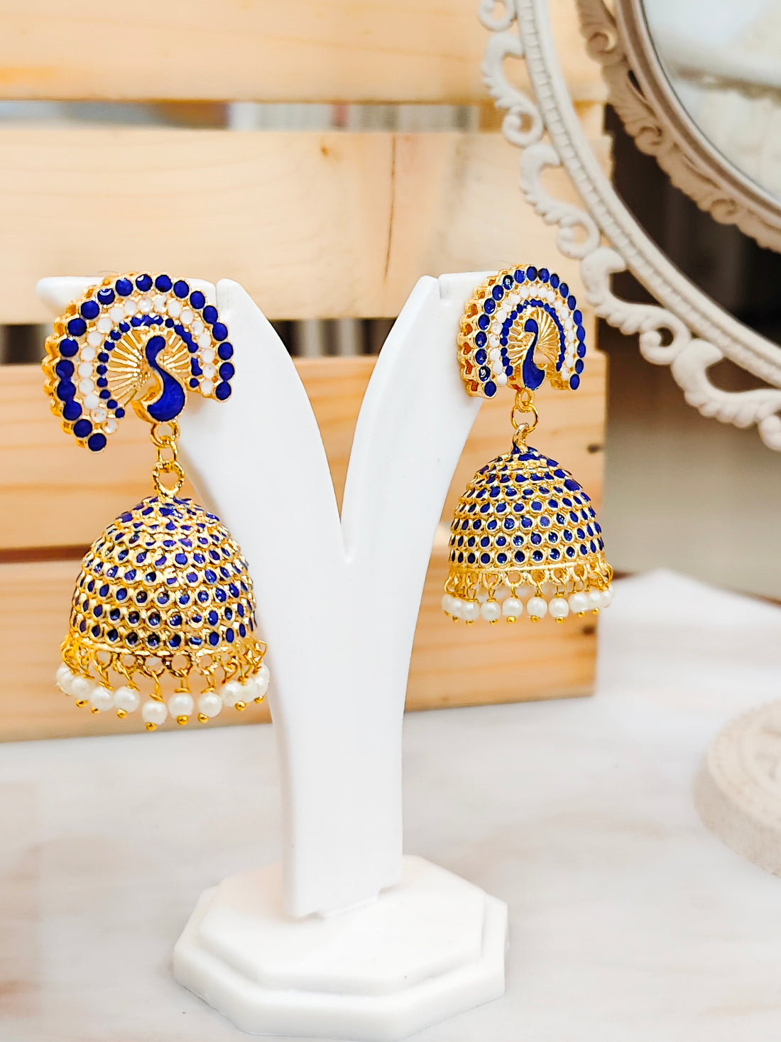 Mayur Gold Look Jhumka from Mrigaya by Nandini for Festive Occasions | India Look -Blue