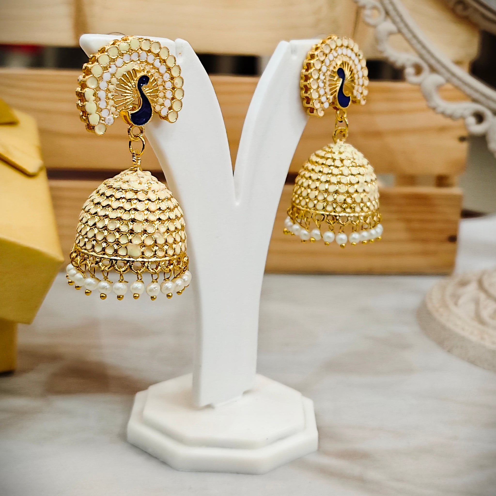 Mayur Gold Look Jhumka from Mrigaya by Nandini for Festive Occasions | India Look -Light Yellow