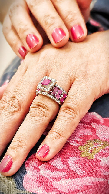 Venessa -Clear Crystal-Red Colour Statement Rings for festive occasions | for traditional look | for office Indian wear